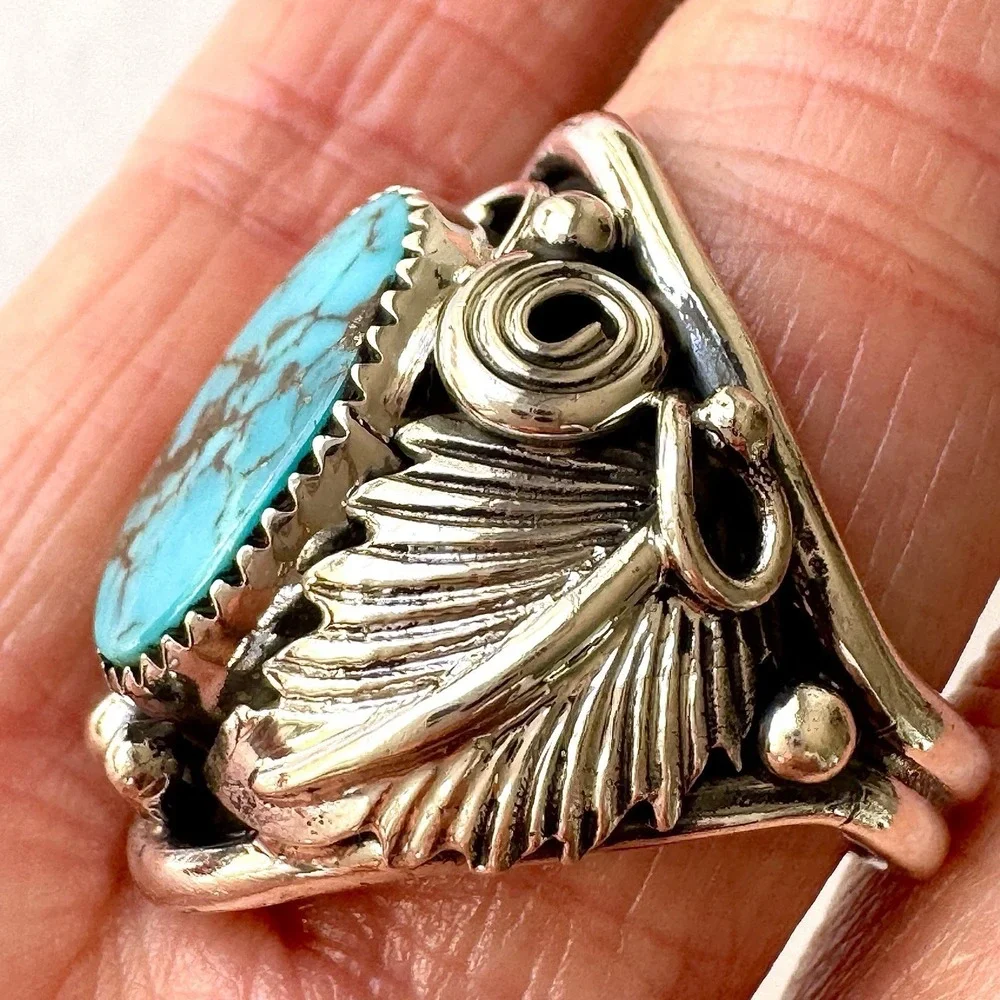 Navajo Turquoise Mens Ring Sz 11 Leaf Feather Signed Morgan Sterling Native Amer